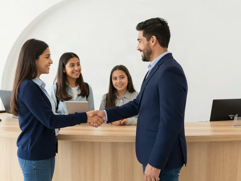 Una asesora de admisiones recibe a una familia en la recepción de la escuela.